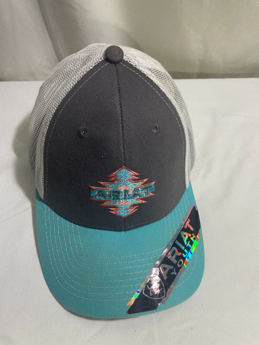 Ariat Youth Trucker Hat Gray Turquoise Southwestern Embroidered Mesh Snapback Ca